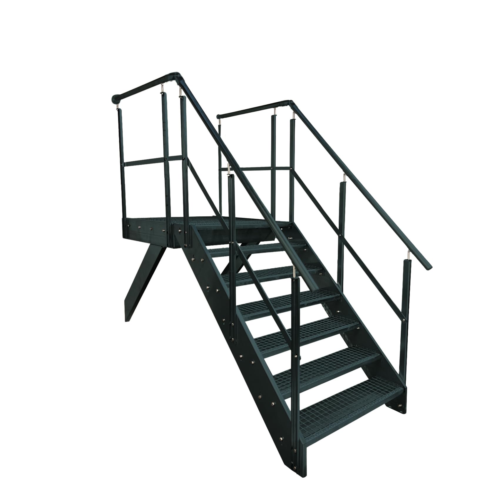Stalowe schody podestowe, antracytowe, 7 stopni, wysokość 133 cm, łącznie z podestem 100 x 100 cm, z balustradą, orientacją schodów policzkowych do wyboru w lewo/w prawo lub z przodu (orientacja