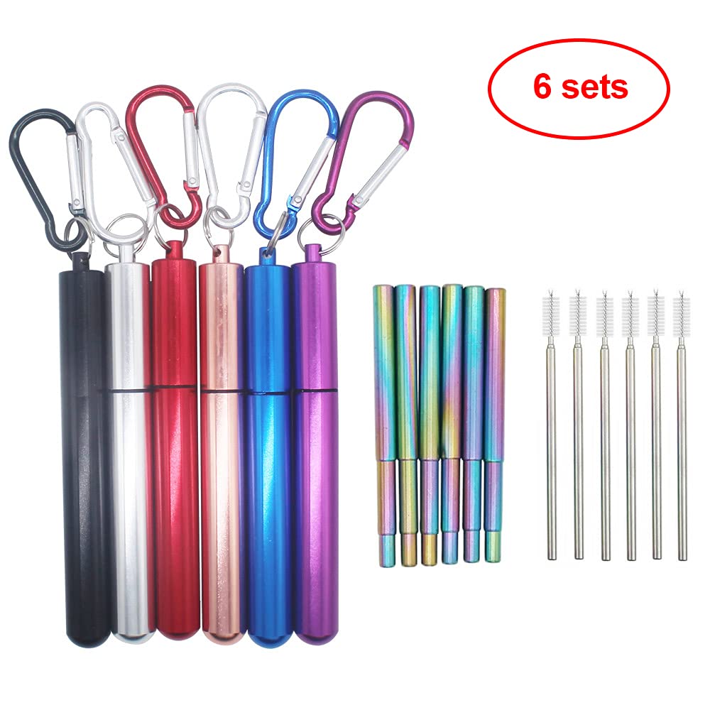 Strohhalm Edelstahl 6 Sätze wiederverwendbare Metallhalme zusammenklappbar Edelstahl Trinkhalm Tragbare Teleskop-Teleskop-tragbare Trinkhalme Wiederverwendbare Strohhalm (Color : Color)
