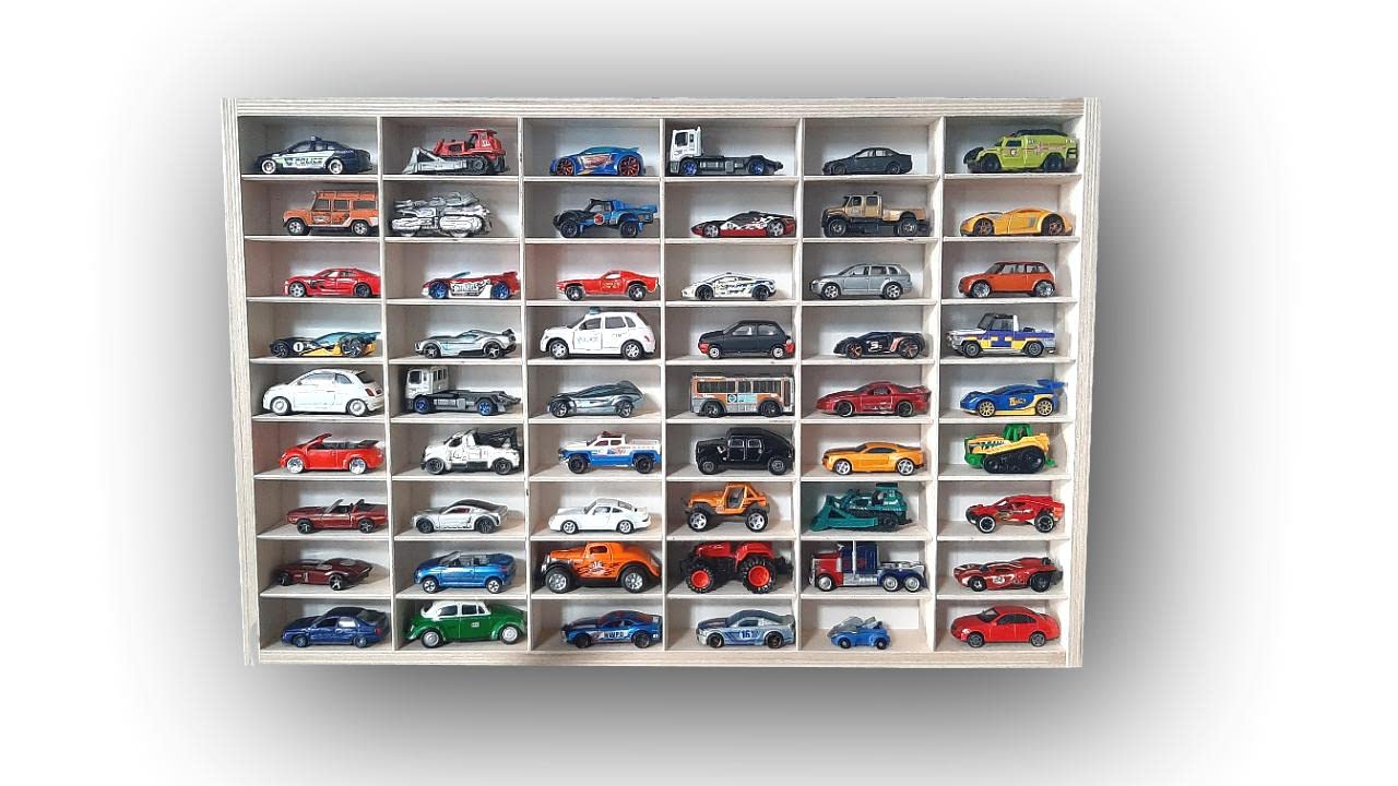 Regał samochodowy kompatybilny z samochodami Hot Wheels, magazyn zabawek, 54 drewniane przegródki do przechowywania biżuterii