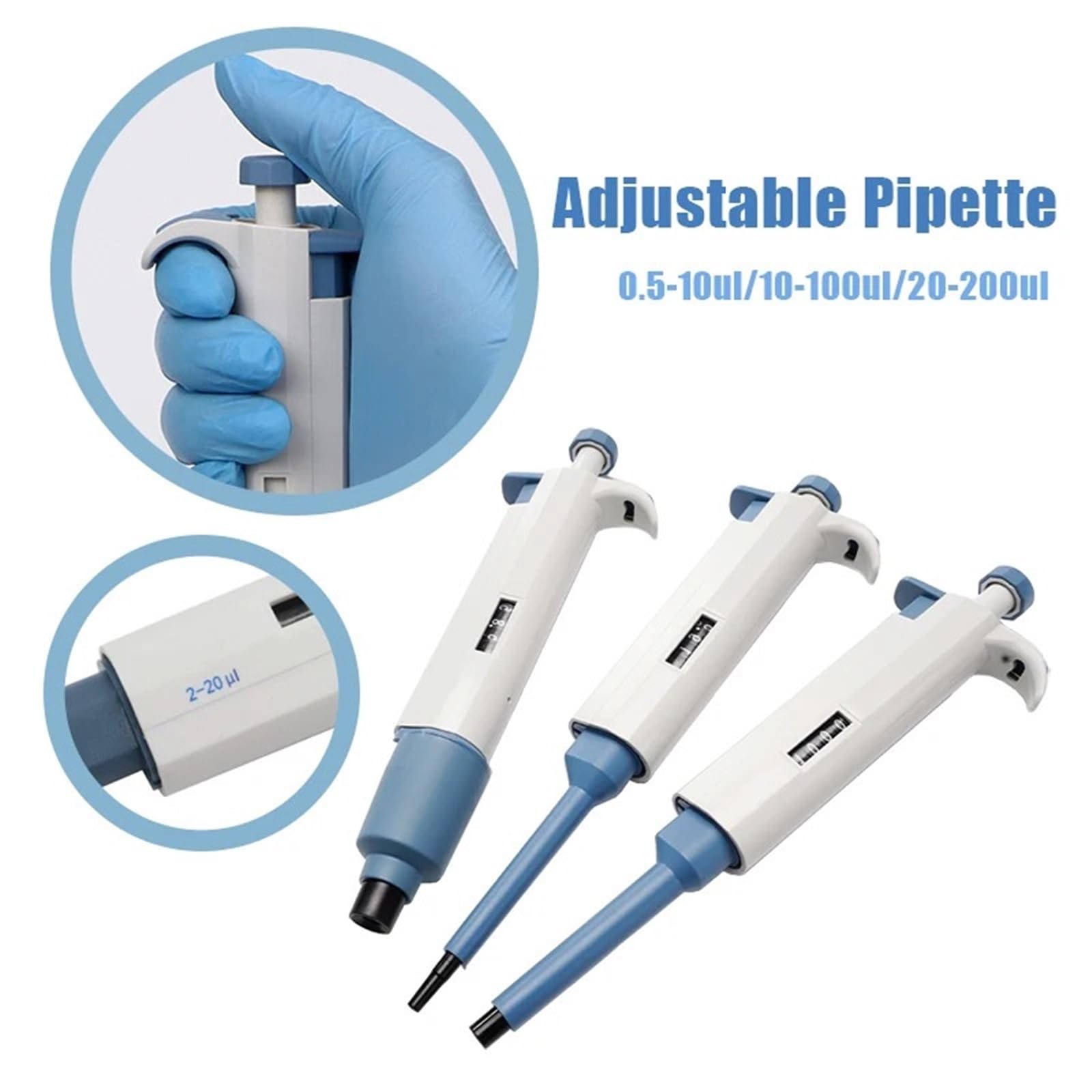 Pipeta Pipeta de laboratorio, pipetas de plástico, gotero manual, digital, ajustable, equipo de laboratorio con puntas de pipeta.(20-200μl)