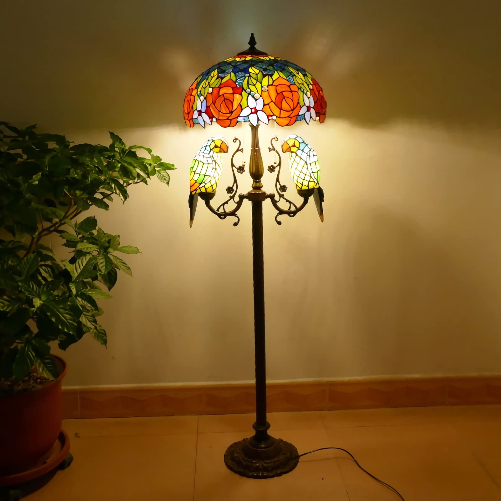 IUokLU 18" Tiffany-style Floor Lamp with Parrot Night Light, Stained Glass StandLamp, 65" Tall,Vintage Resin Base ReadLight for Bedroom Office,A (G)