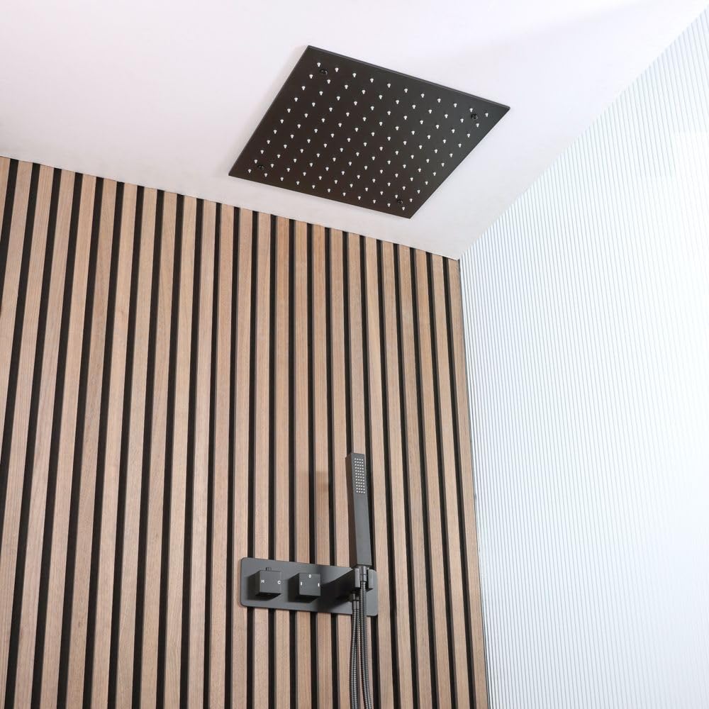 Milano Black Preto Thermostatic Mixer Valve 400Mm Recessed Shower Head Handset