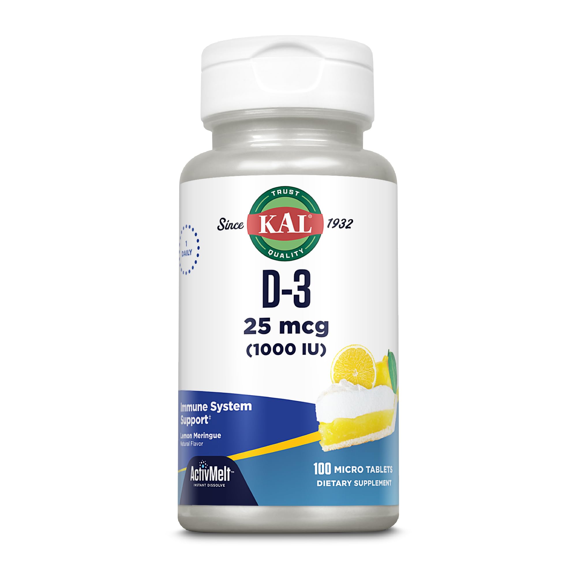 KAL Vitamin D-3 1000 IU | Natural Lemon Flavor ActivMelt Micro Tablets | Healthy Immune Function & Bone Support | 100ct Lemon 100 Count (Pack of 1)