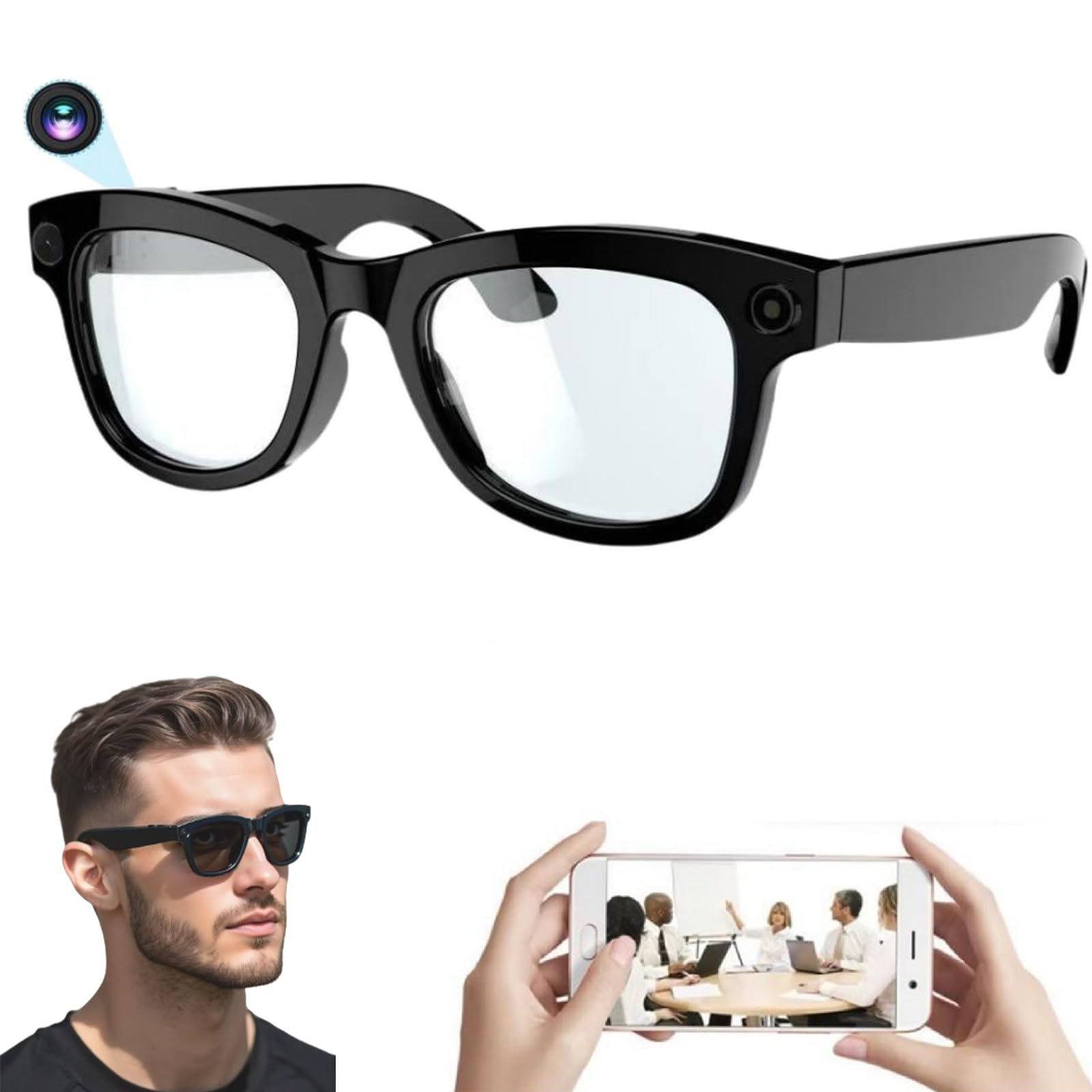 Occhiali Bluetooth Intelligenti con Telecamere, AR, Ai, Traduzione, Assistente Vocale, Chiamate, Musica, Riprese Video 4k Pixel,B