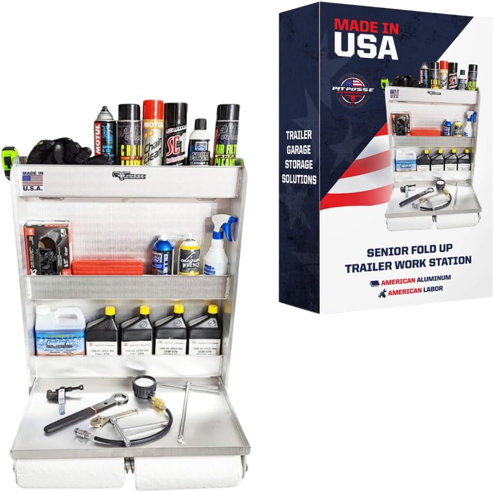 Pit Posse 445 Trailer Door Cabinet Organizer Senior Work Station Storage - Made in USA - Flip Out Work Tray Spring Loaded Paper Towel Tensioner Aluminum Garage Bike Shop 25 x 6 x 30 (Silver)