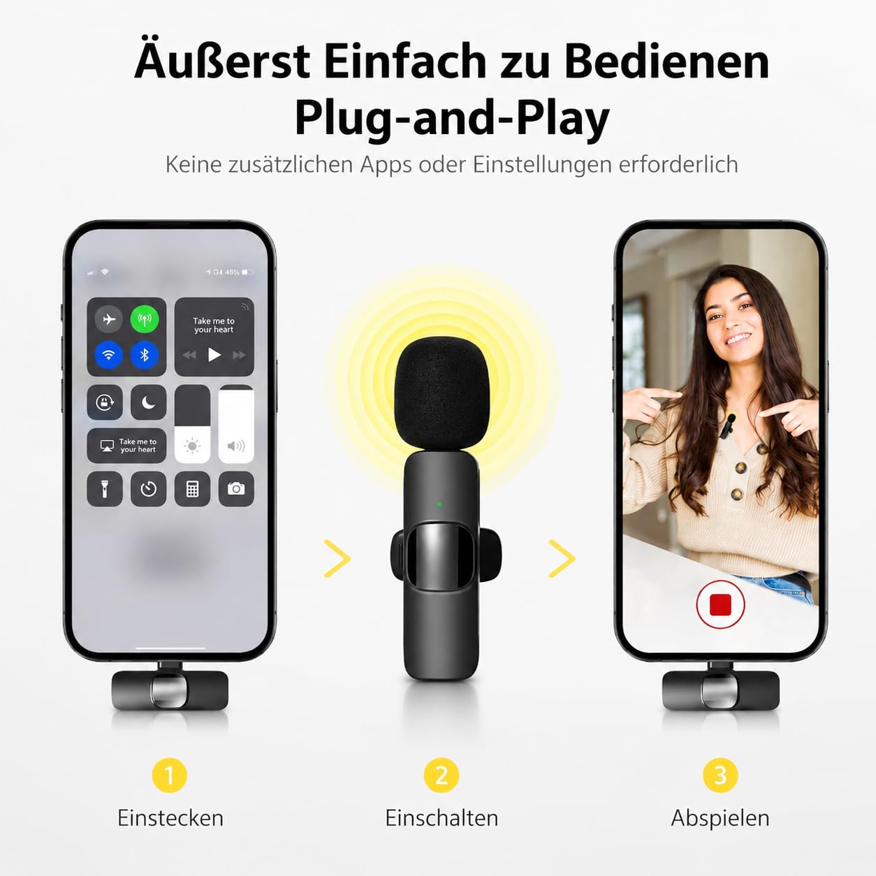 Kabelloses Lavalier Mikrofon für iPhone, Android & Handy – Mini mikrofon mit USB-C & Lightning, 10h Akkulaufzeit, 2,4 GHz Wireless Microphone für Vlog, Video, Interview & Podcast (Schwarz)