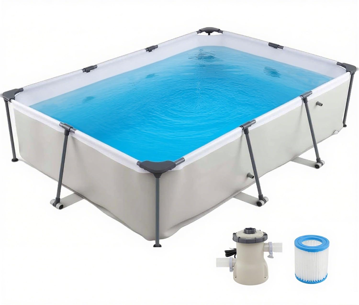 RELAX4LIFE Piscina Desmontable Rectangular 3701L con Estructura Metálica Revestida, Paredes PVC de 3 Capas, Depuradora y Bomba para 3-5 Personas, Piscina Rectangular para Niños, Montaje Rápido (Gris)