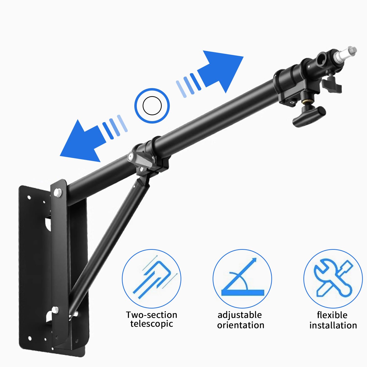 Brazo De Pared Telescópico Kensbro - 75-130 Cm, Rotación 180°, Soporte Triangular, Tornillos 1/4" Y 3/8", Para Luces Y Cámaras
