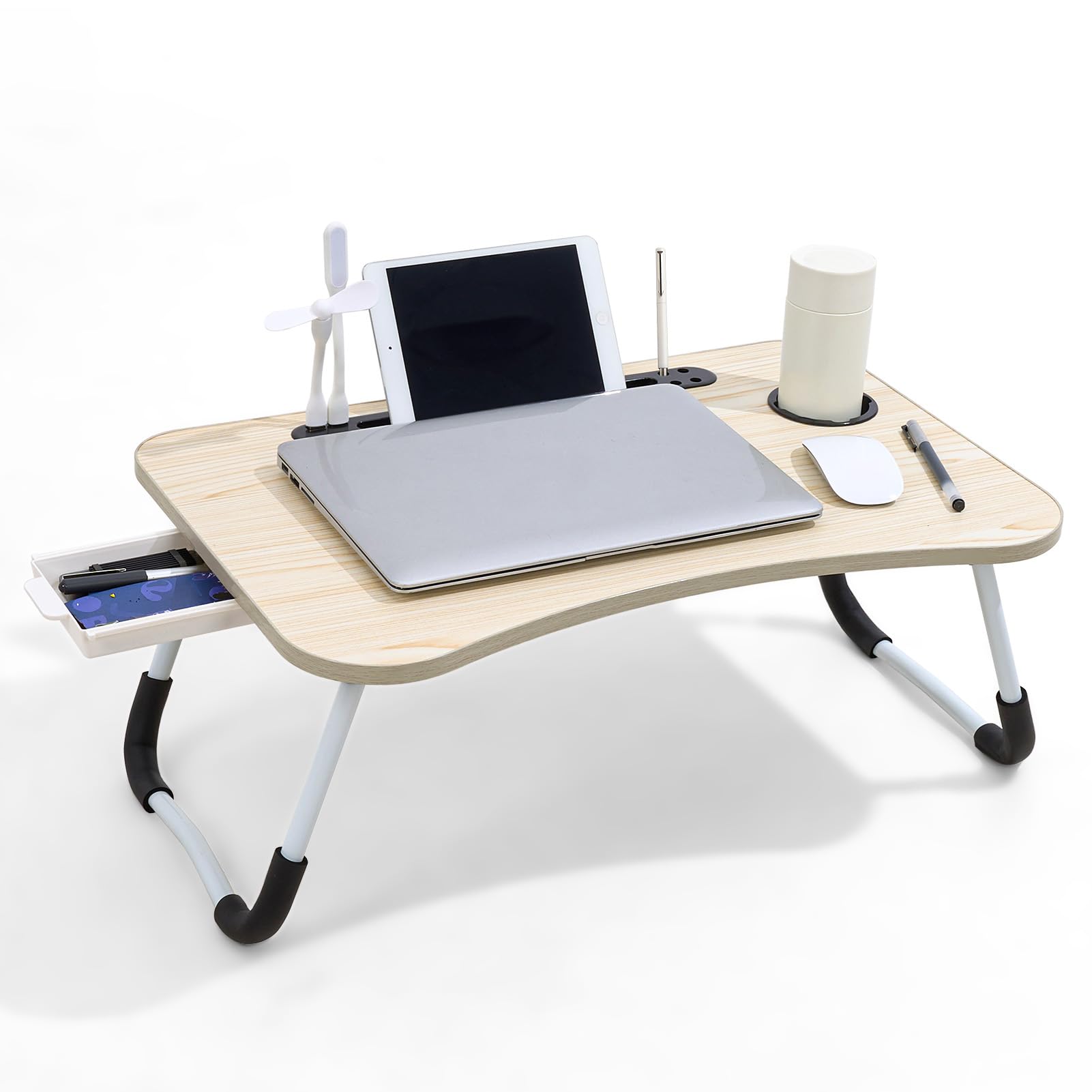 Warmiehomy Laptop Table with USB Ports, Laptop Desk with Drawer &Cup Holder&Pen Slots, Folding Bed Table, Laptop Tray with Legs on Bed or Sofa for Working/Reading, Walnut