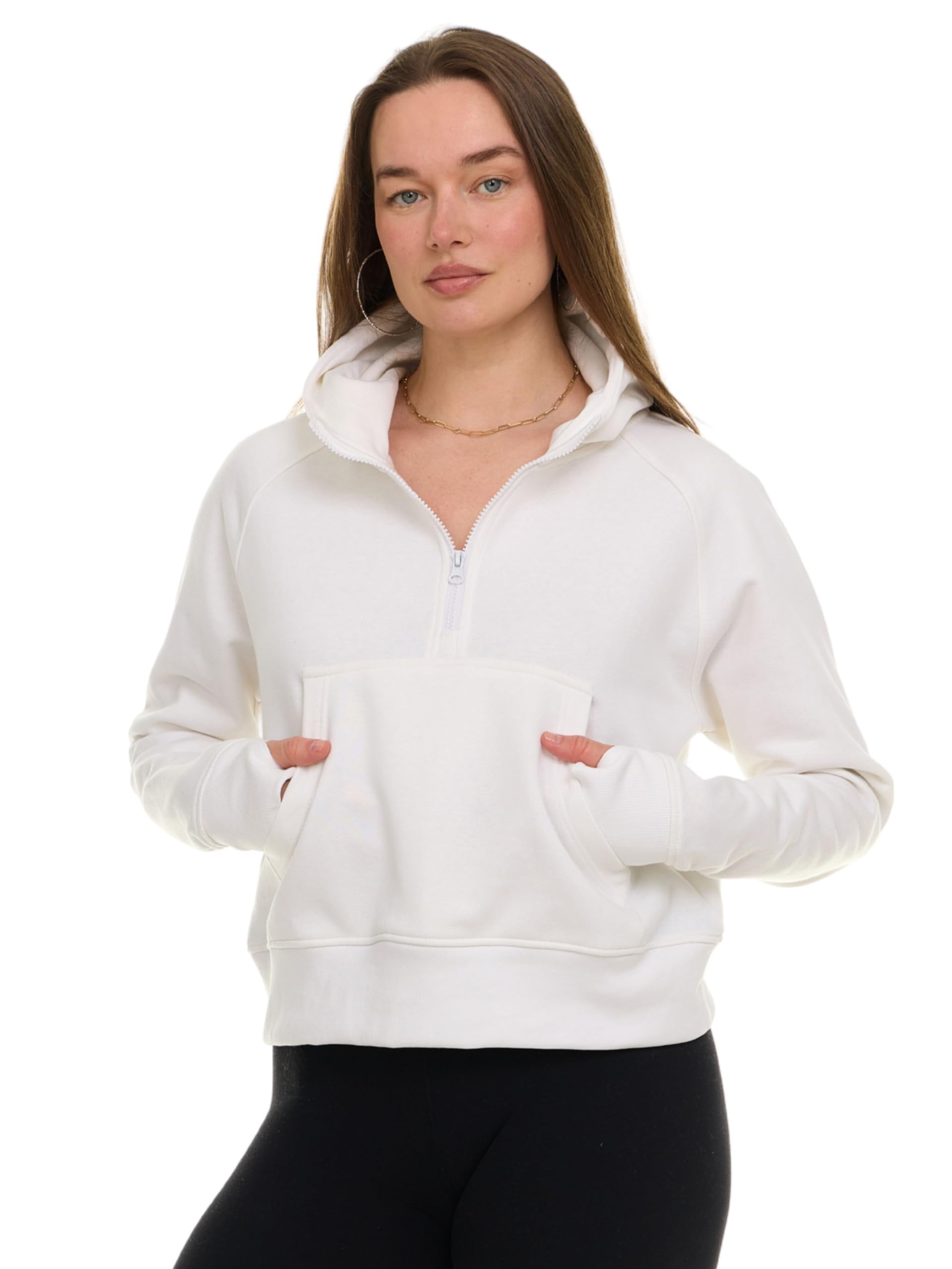 MODERN BASICS Womens Half Zip Hoodie - Fleece Cropped Sweatshirt for Women, Quarter Zip Up Pullover White