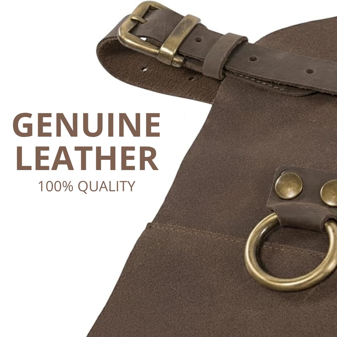 Delantal de Cuero Genuino Premium. Industrial Mandil de Piel Reforzada con Correas de Ajuste Técnico para Soldador Carpintero y Herrero Protección Térmica y Mecánica Profesional. 83x63cm