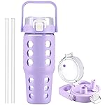 MUKOKO 32 oz Glass Tumbler with Straw,Glass Water Bottles with Time Marker,Iced Coffee Cup with Silicone Sleeve,Motivational Drinking Bottles,Leakproof-Purple