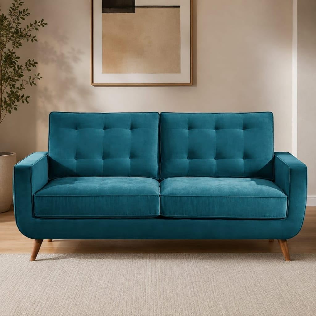 Modern 3 Seater Velvet Sofa with Wooden Legs, Upholstered Living Room Couch, Teal Blue-image-38
