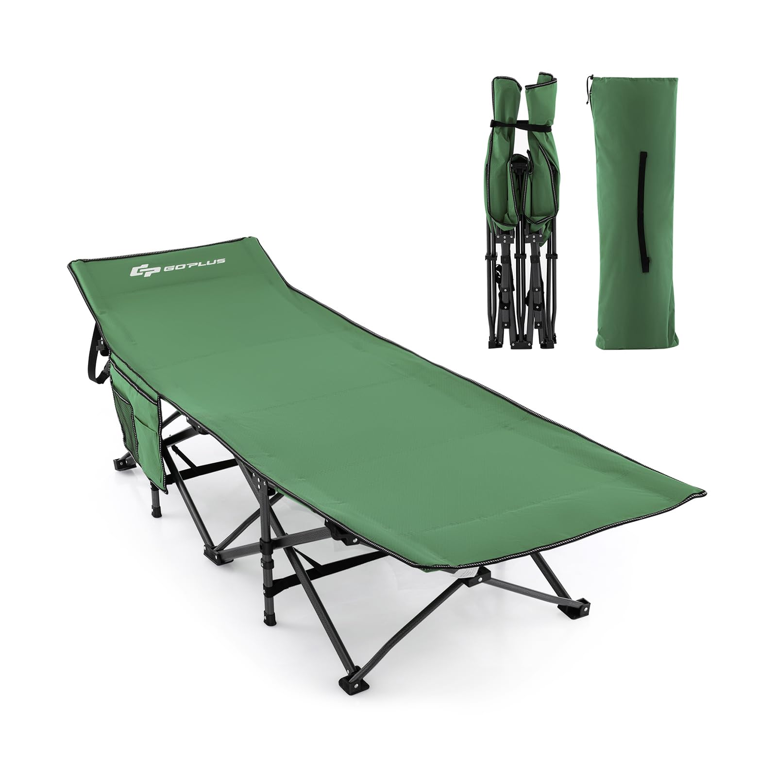 GYMAX Lettino da Campeggio Pieghevole Pesante con Poggiatesta Inclinato Tasca Laterale Borsa di Trasporto Supporta 272kg, Lettino Portatile per Escursioni, Pisolini a Lavoro