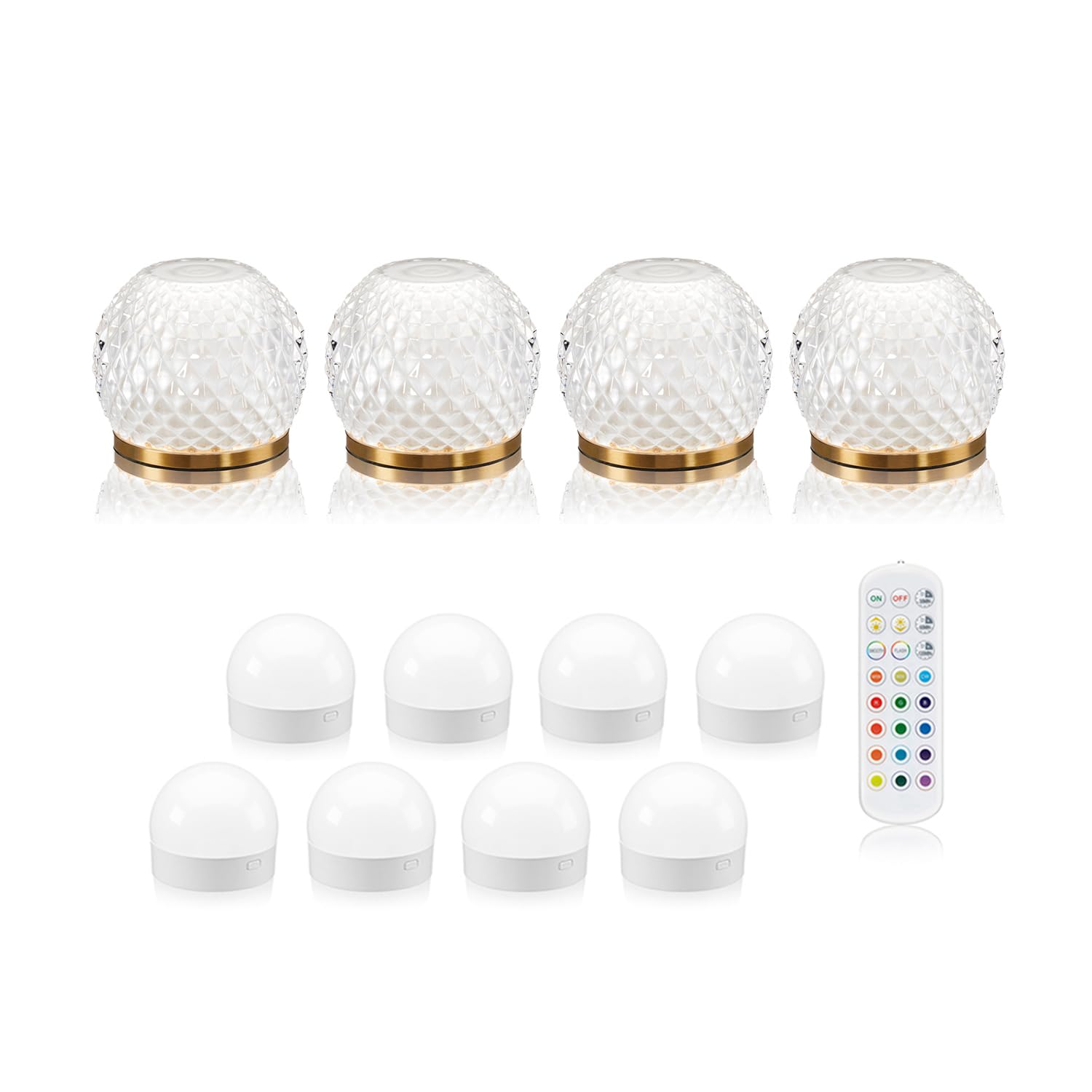 Omniance Elara Lámparas de Mesa Inalámbricas Pack de 4, 8 Fuentes de Luz | Recargable regulable cambio de color, diseño madera y cristal mate, USB-C, temporizador, para restaurante y hotel