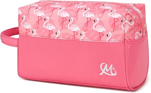 Ryushoyo Juego de 2 piezas de artículos de tocador de viaje impermeable maquillaje electrónico lápiz organizador bolsa con asa, Rosado Flamingo, Moda
