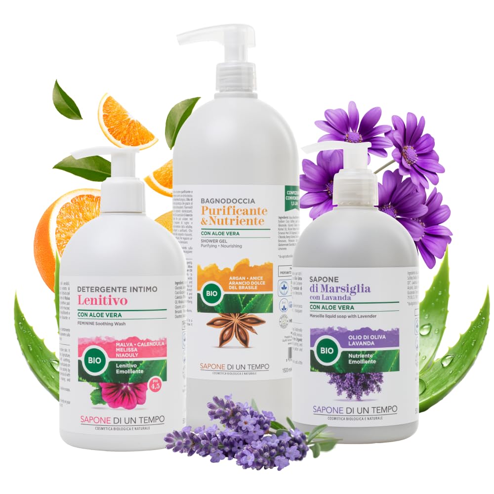 Sapone di un Tempo Detergente Intimo pH 4.5 + Sapone di Marsiglia Lavanda + Docciaschiuma Shampoo Aloe Argan 1500ml, Naturale, Vegan, Detergenti Corpo, Igiene Intima Donna, Mani e Capelli