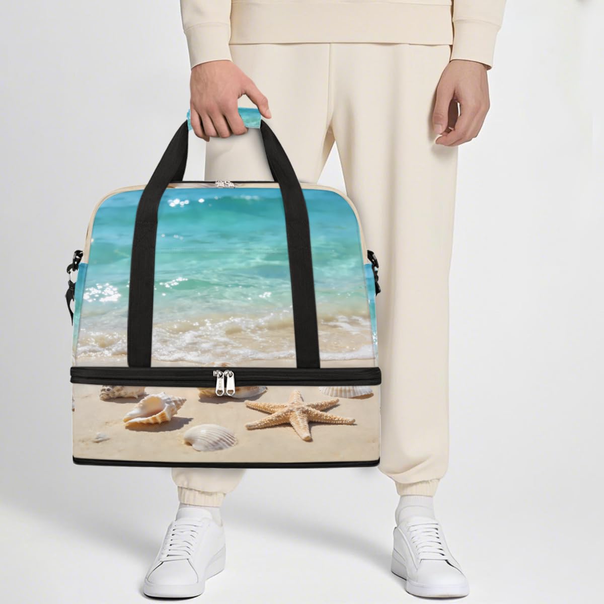 Bolsa de viaje plegable de verano con diseño de estrellas de mar y conchas marinas, bolsa de gimnasio expandible con compartimento para zapatos, bolsa de fin de semana de gran capacidad para viajes