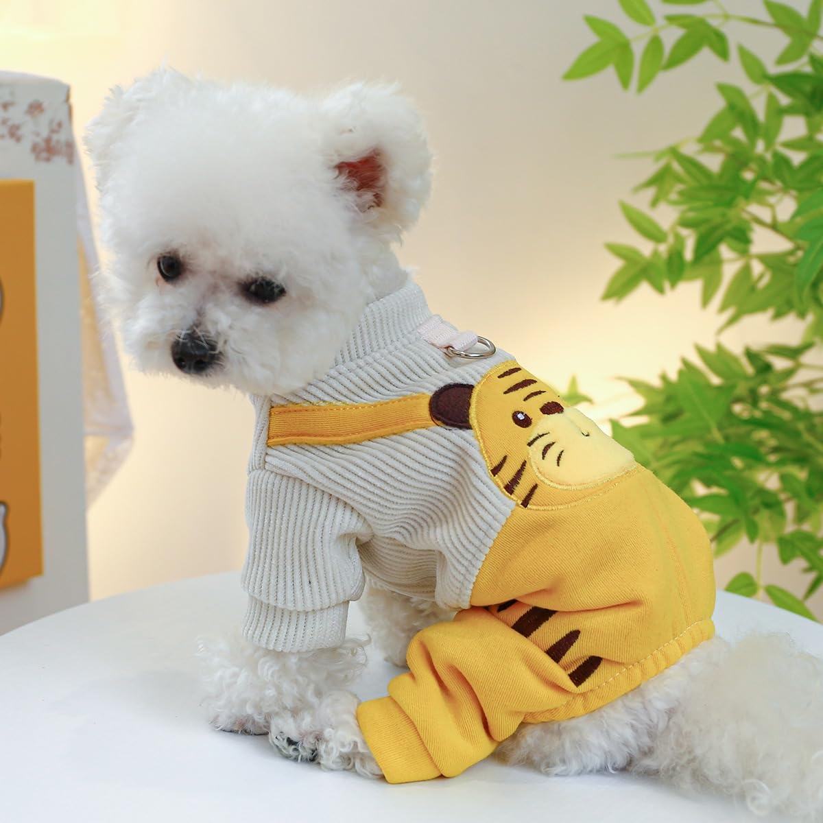KUTKUT Cute Tiger Bib Dog Pajamas, Winter Romper with Drawstring Buckle for Small Dogs Puppy, Warm Dog Clothes with Leash Ring All-in-One Jumpsuit for Chiuhuahua, Yorkii (Size: S, Chest: 35-40cm) 4