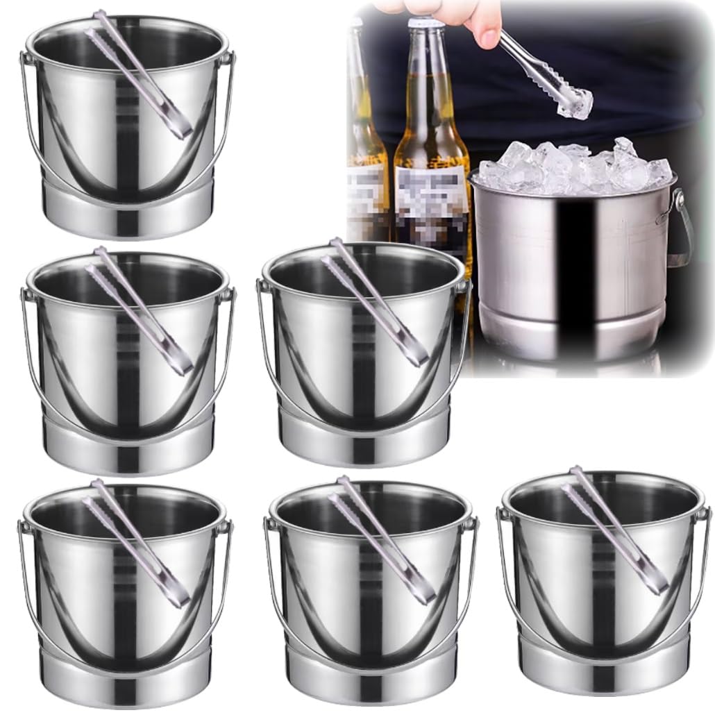 Cubo de hielo de acero inoxidable engrosado de 1,4 L que mantiene el hielo congelado durante más tiempo. Cubo de hielo ligero con pinzas y colador for bar en casa.(6Pcs)