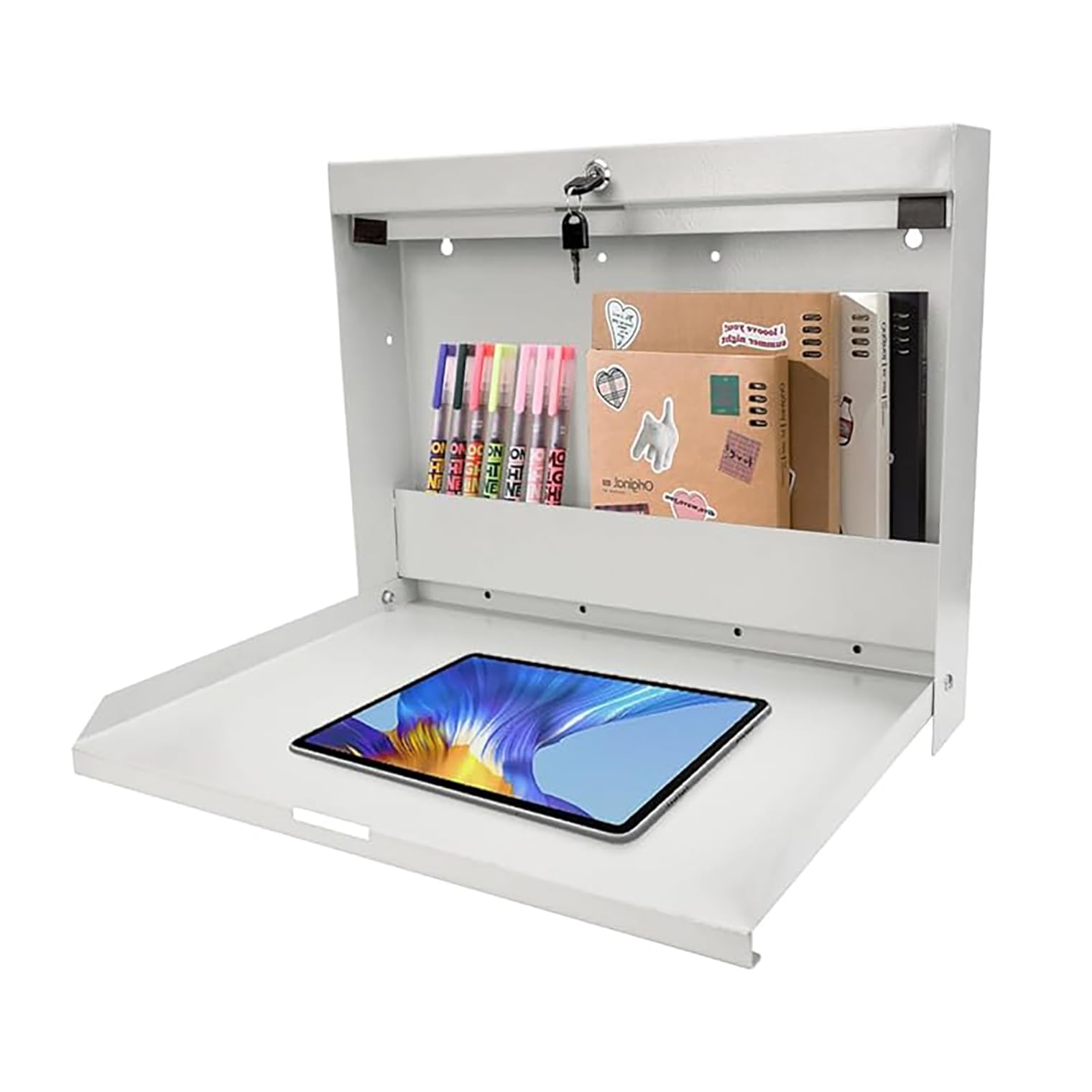 Reykilor Wall Mount Folding Desk with Chalkboard Front, Wall Desk Fold Down for Small Spaces Foldable Writing Desk Laptop Table with Storage Shelves