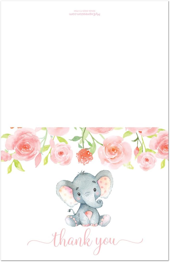 50 Pink Watercolor Floral Elephant Baby Shower Thank You Cards + Envelopes
