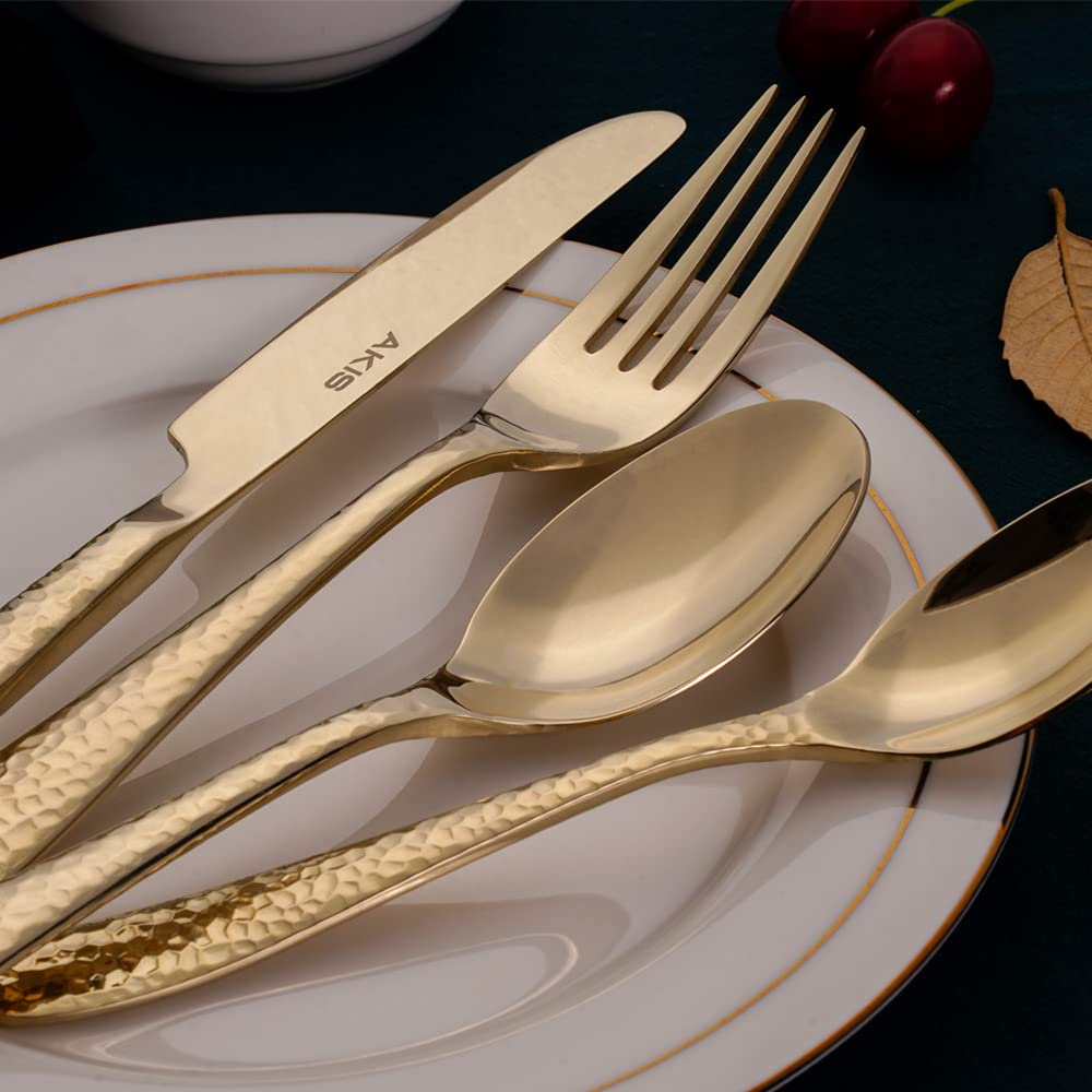AKIS - Cubertería para 4 personas, 16 piezas, acero inoxidable, color dorado, con cuchillo, tenedor, cuchara, cubiertos de acero inoxidable de alta calidad, aptos para lavavajillas