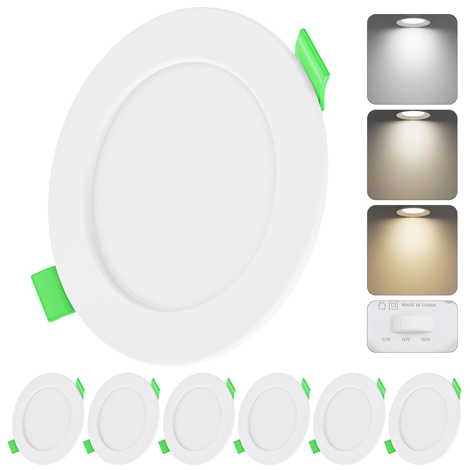 Qingmiao LED Recessed Ceiling Lights, 5W Ultra Slim LED Downlights, Warm White 3000K, Neutral White 4000K, Cool White 6500K, IP44 Dimmable Spotlights for Bathroom, Kitchen, Living Room, White -6 Pack