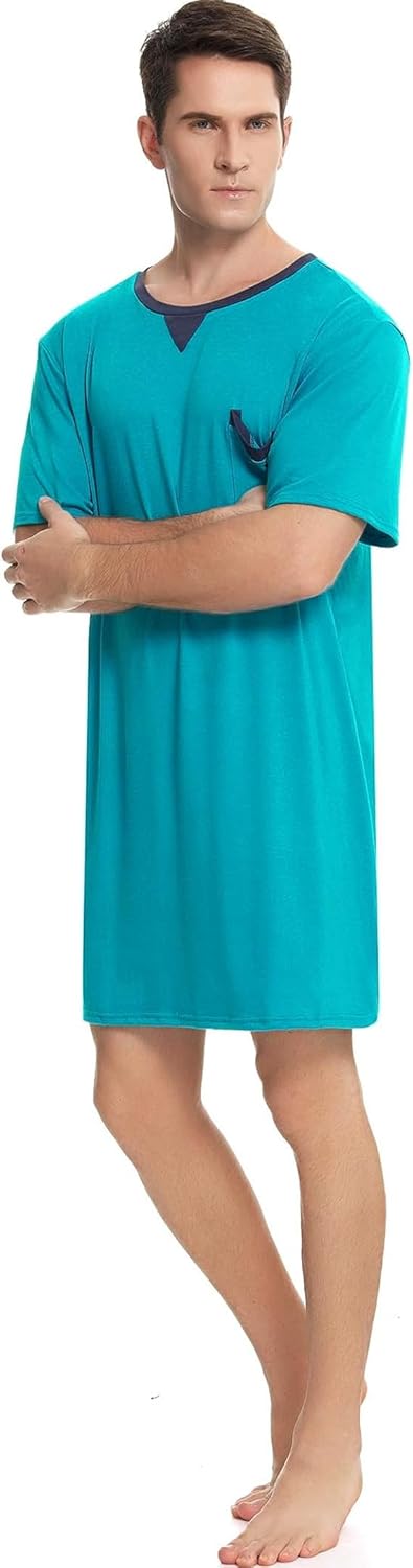 Men Summer Short Sleeve Nightshirt Knee Length Nightgown Cotton Sleep Shirt Lounge Wear With Chest Pocket - Image 3