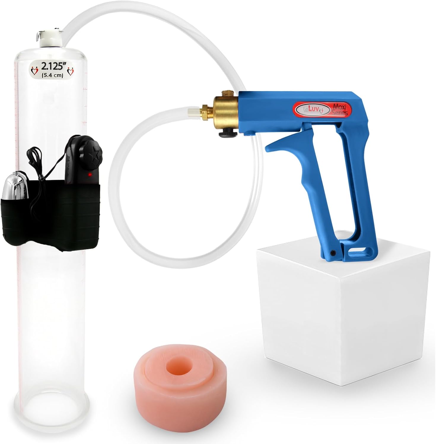 LeLuv Maxi Blue Vibrating Penis Pump - Clear Hose, Donut - 12 inch Length x 2.125 inch Diameter Cylinder