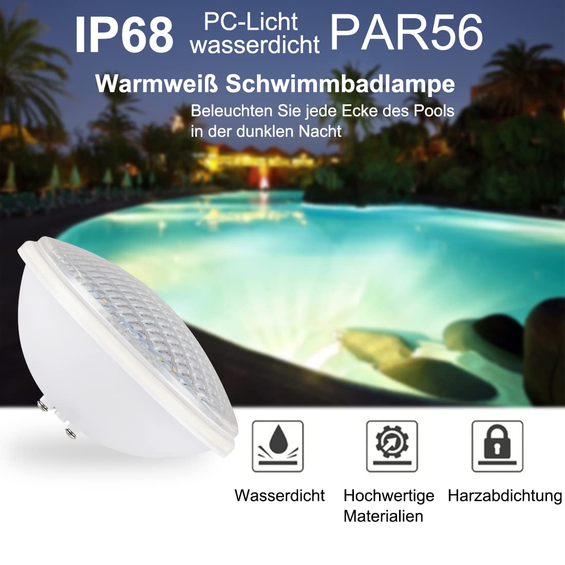 LED Poolleuchten, PAR56 Unterwasserleuchten, Warmweiß Schwimmbadleuchten, IP68 Wasserdichte Poolbeleuchtung, 20W 12V AC/DC Unterwasser Beleuchtung
