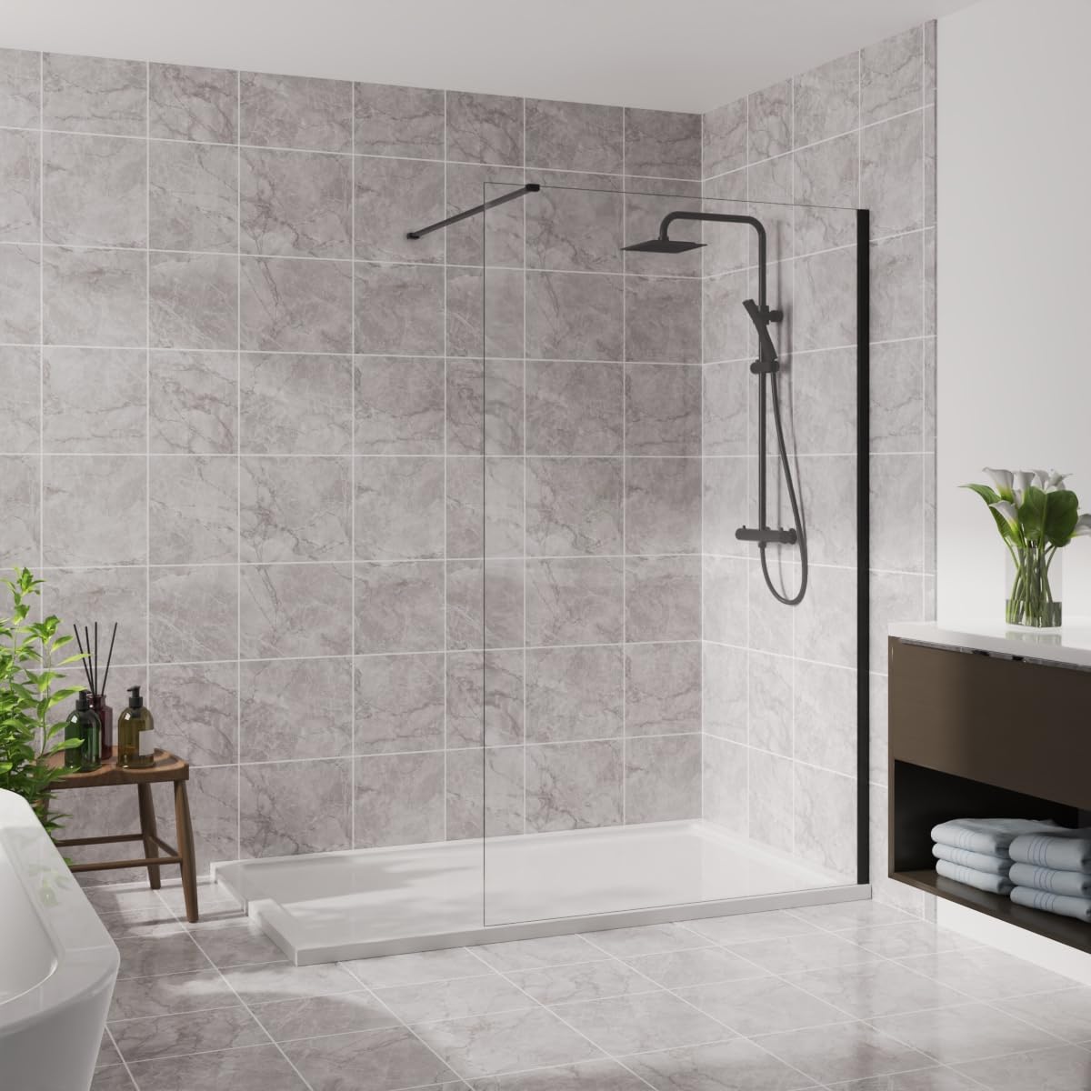 Blümme 1100mm Wetroom Screen Walk in Shower Enclosure Bathroom Screen Panel 8mm Easy Clean Glass Matte Black Framed