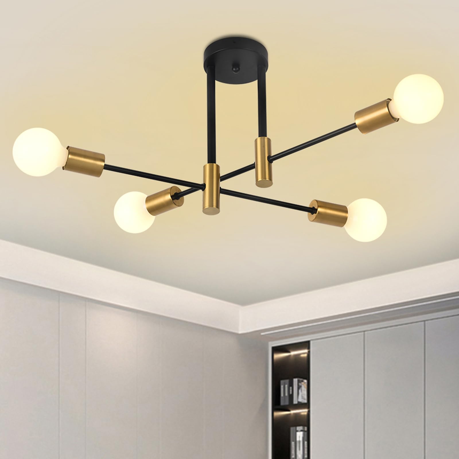 ZYDTRIP Deckenleuchte Vintage, Sputnik Kronleuchter Industrial Modern Hängelampe für Wohnzimmer Esszimmer Flur Restaurant Hotel, 4 Flammig Gold E27