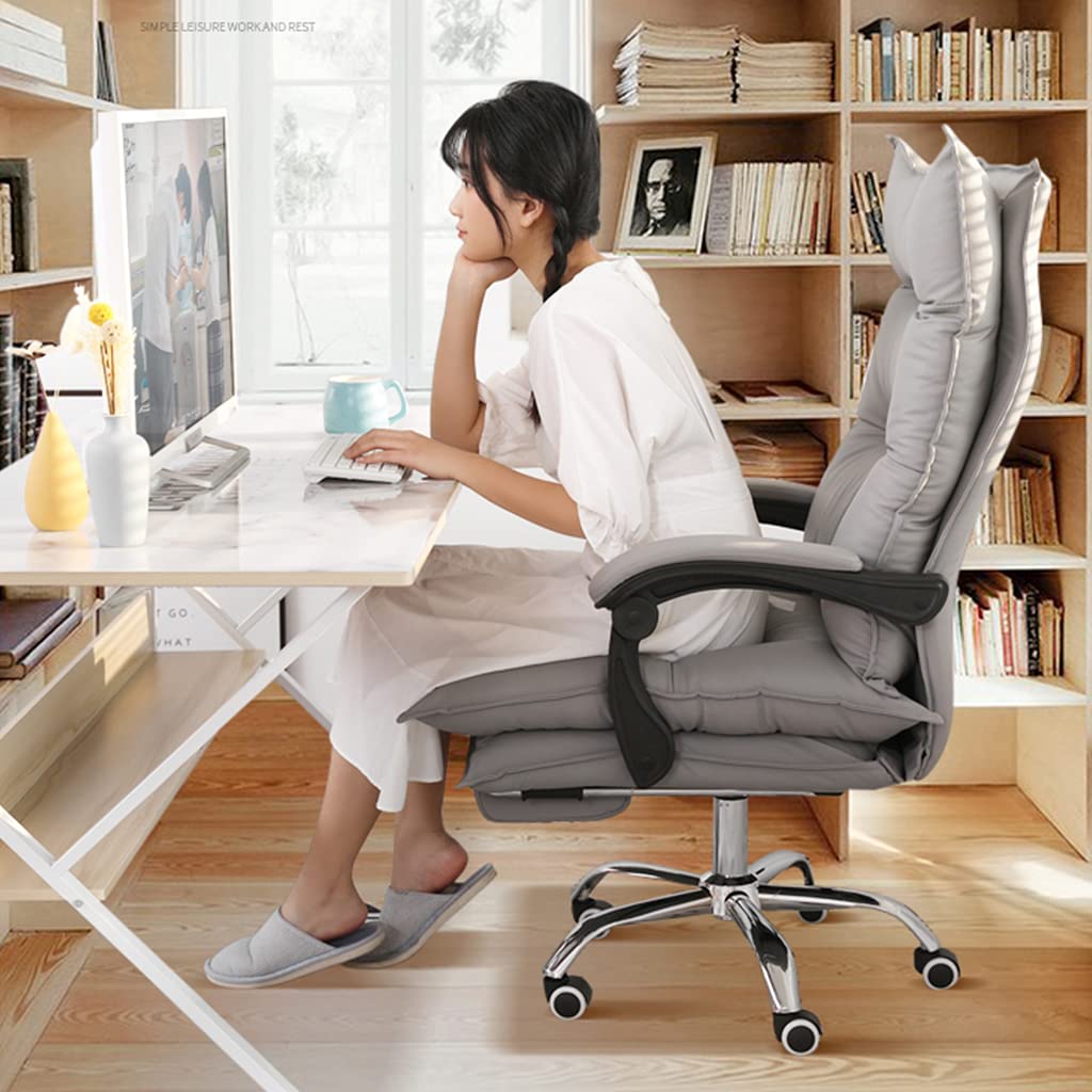 Ergonomiczne krzesło biurowe z wysokim oparciem ze skóry PU, z podnóżkiem, regulowana wysokość, wytrzymałe, obrotowe krzesło do biurka komputerowego, szare