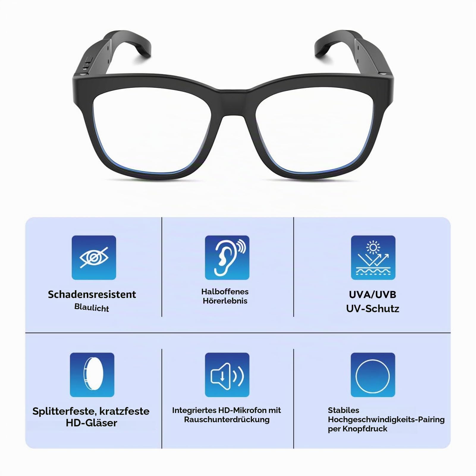 Intelligente Brille mit Eingebauten Mikrofonlautsprechern, TWS-Bluetooth-Headset-Brille, Open-Ear-Musik, Touch-Steuerung, Lange Standby-Anti-Blue-Blocking-Brille für Damen und