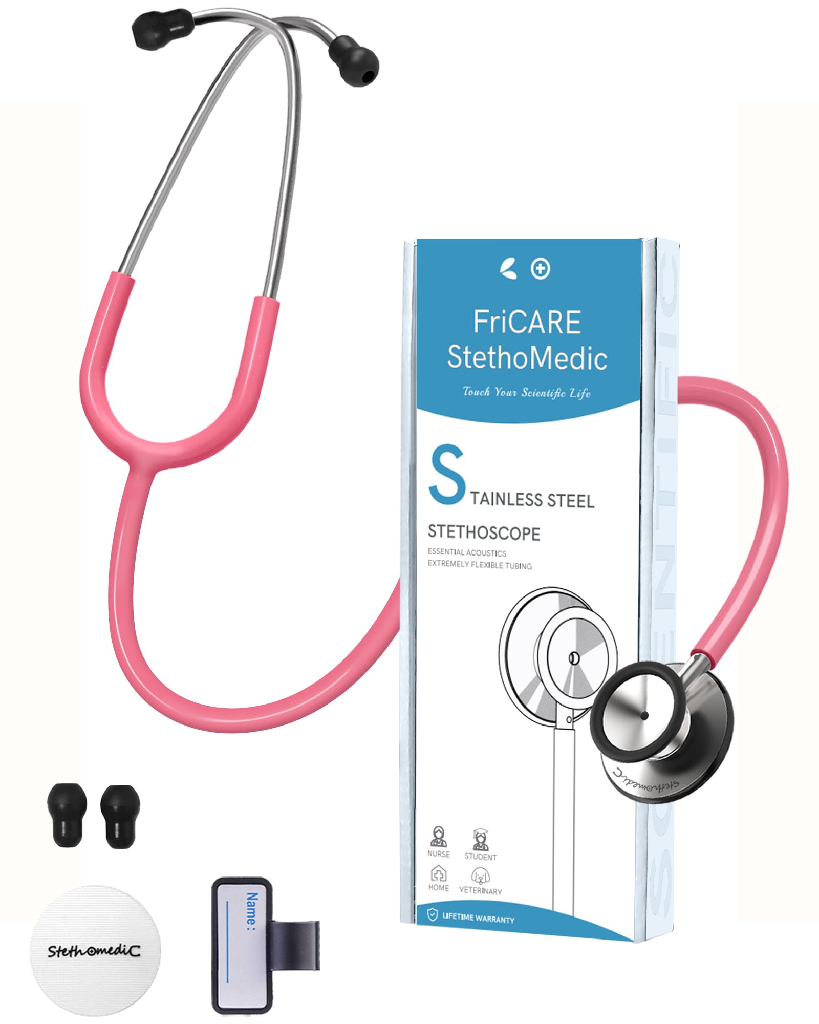 FriCARE Dual Head Stethoscope - Stethoscopes for Nurses, Medical Nursing Students, Paramedics/EMT/LVN/VNA Backup Estetoscopio, Pearl Pink Tube, Stainless Steel Chestpiece