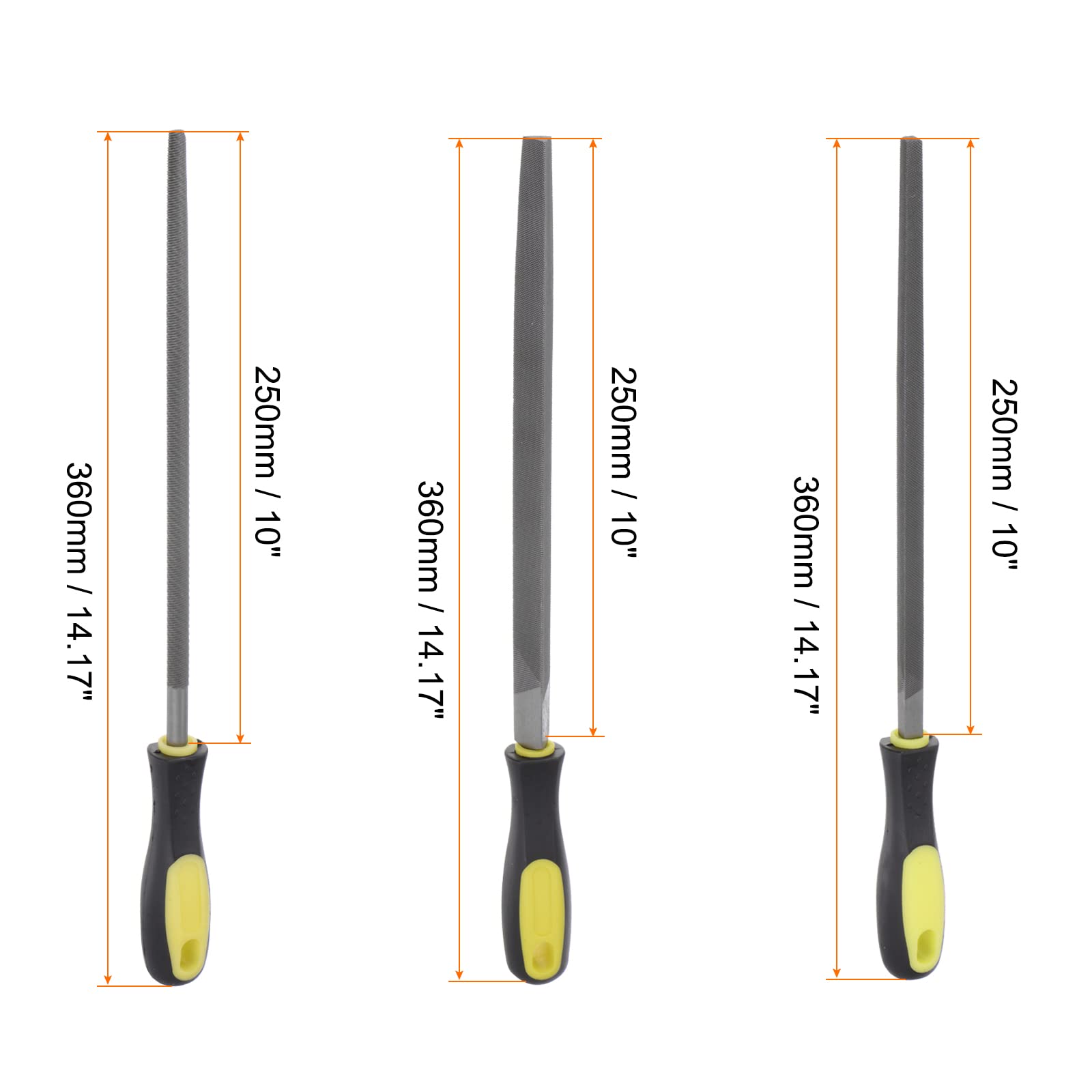 sourcing map Metal Limar Fijar 10" Alto Carbono Endurecido Acero Cortar Manual Escofinar con Plástico Mango para Desbarbar y Retirar Material (Redondo, Semidonda, Triangular, Plano, Cuadrado)
