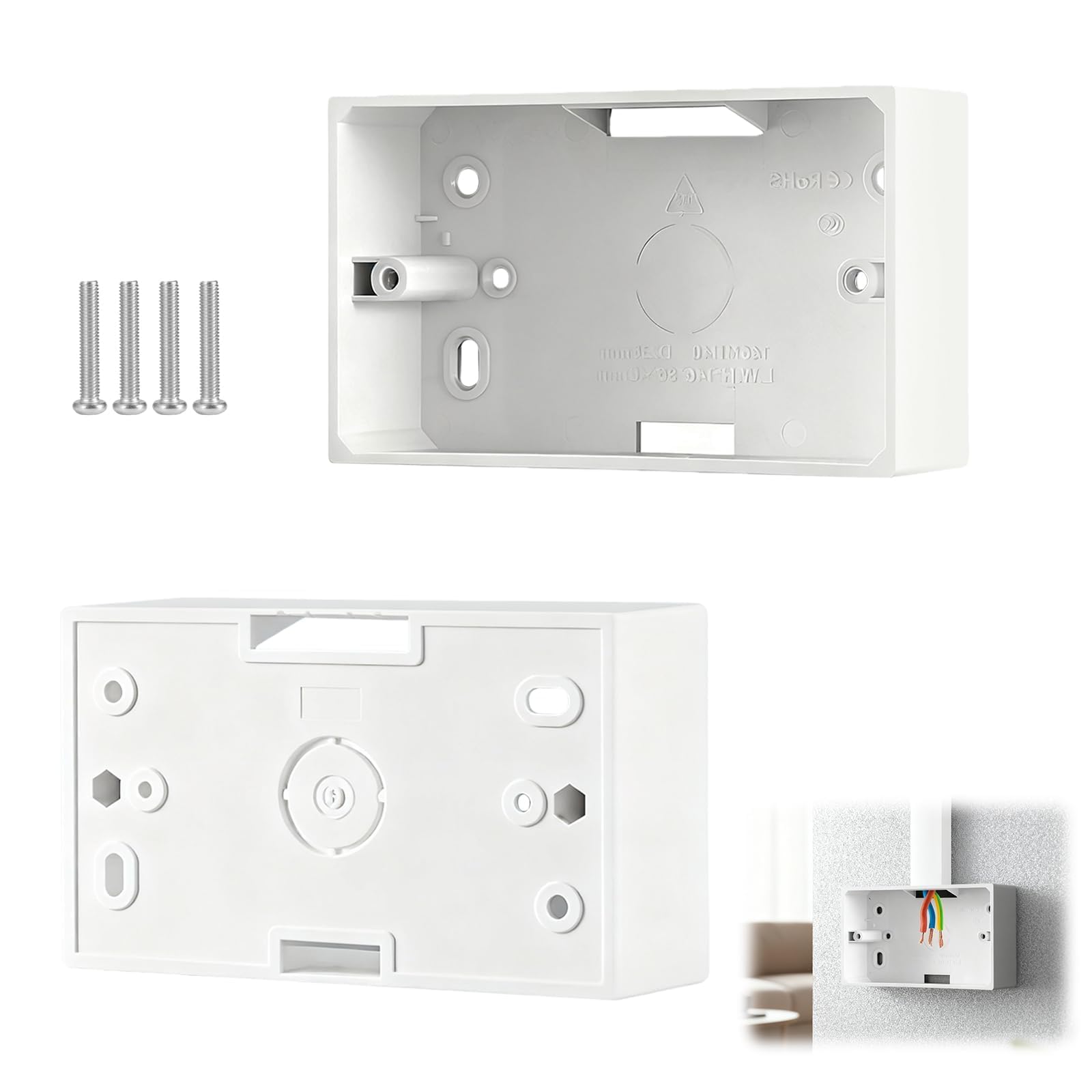VZU 2 pcs Double Socket Back Box, Gang Surface Mount Pattress Box 38mm Deep, Matt White Plastic Back Box for Double Sockets & Switches, Wall Mount Electrical Housing