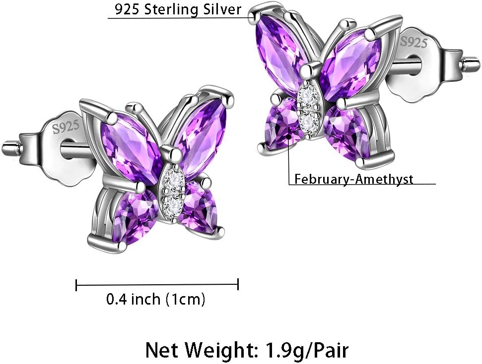 Butterfly Birthstone Earring Studs - Women 925 Sterling Silver December-Tanzanite Birth Stone Animal Butterflies Stud Earring Crystal Birthday Jewelry