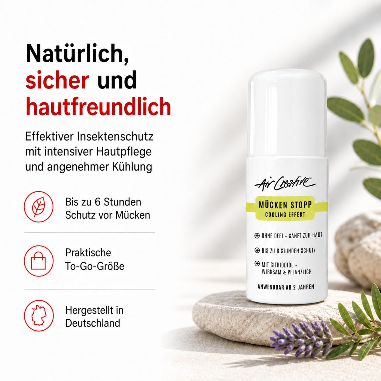 Mückenschutz Roll-On für Familie & Kinder ab 2 Jahren – Natürlicher Mückenspray Ersatz mit Citriodiol® & BIO-Ölen – DEET-frei – 6 Stunden Schutz & Cooling-Effekt – 60 ml