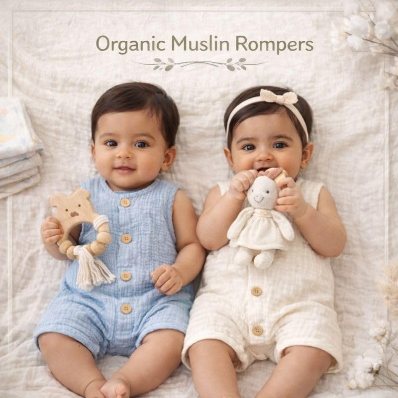 Image of La Vie BabyCare Organic Crinkle Muslin Rompers for Babies |Soft, Lightweight Infant Bodysuits, Gentle on Sensitive Skin, Summer Wear, Multicolor Stylish Baby Outfit, Pack of 2 (3-6 Months)