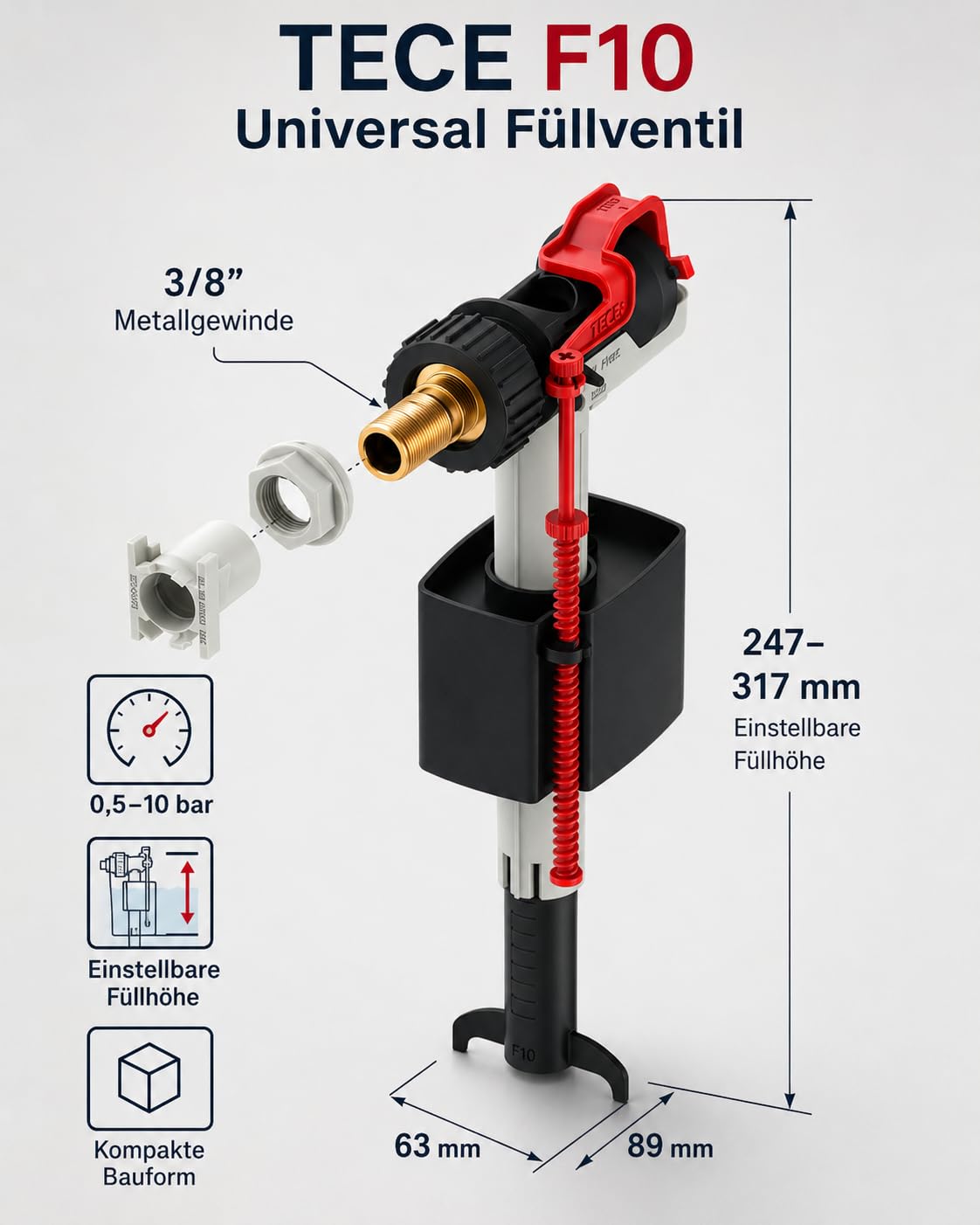 TECE Füllventil F10 Universal Set mit Panzerschlauch 3/8" bis 2019 und Ablaufventil A2 für Spülkasten 13 cm