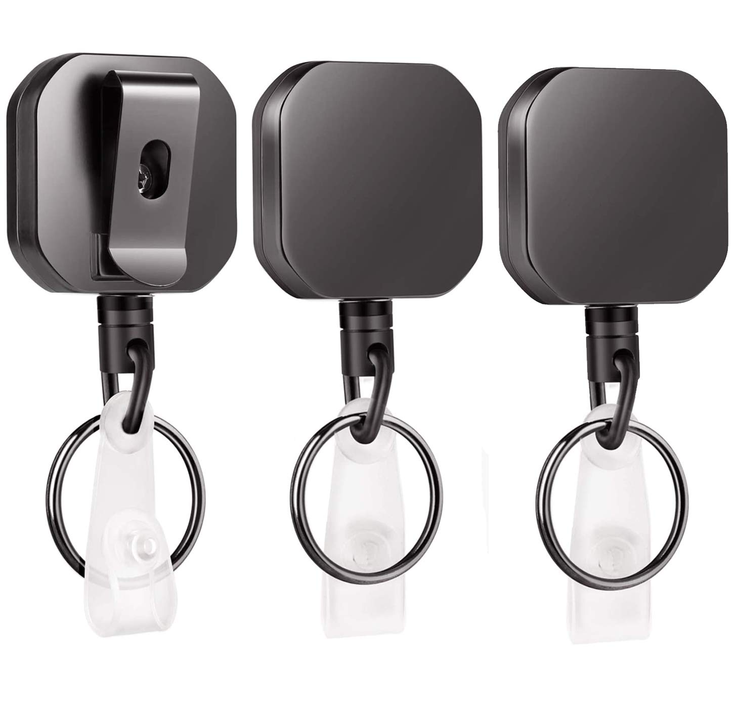 WLHGH Badge Holder, 3 Pack Heavy Duty Metal ID Badge Holder Key Reel with Belt Clip Key Ring for Name Card Keychain (Glossy Black)