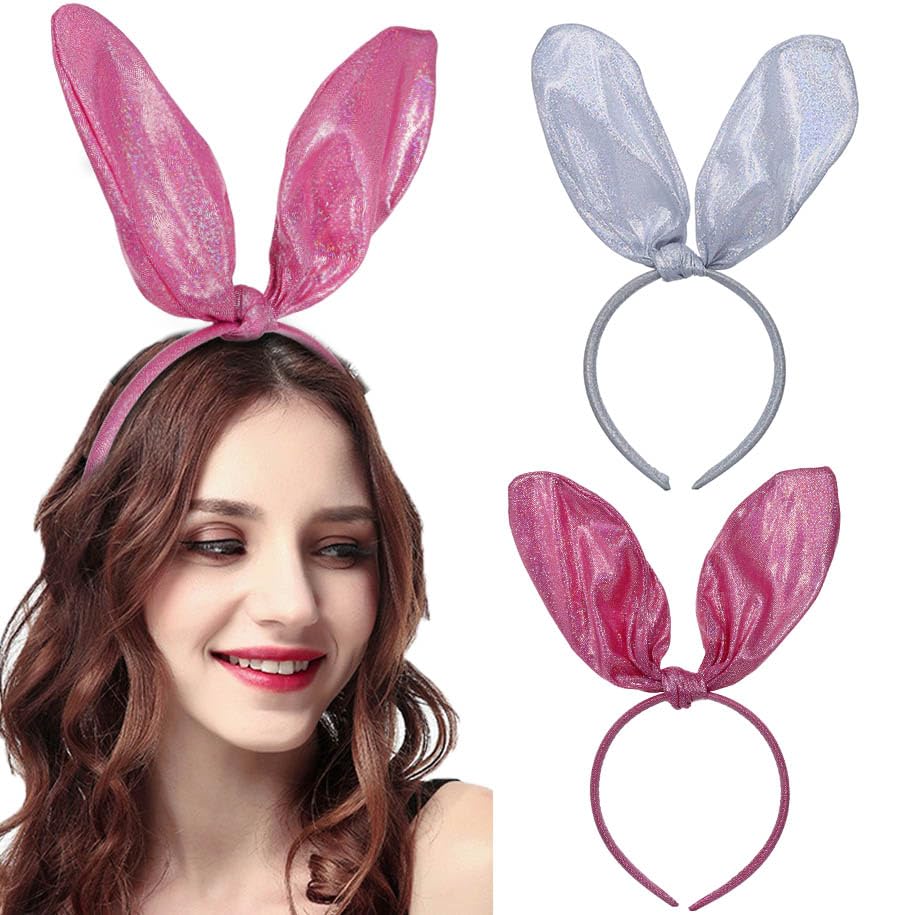 Diadema de orejas de conejo para niñas, orejas de conejo rosa, diadema de conejo con purpurina, lindo disfraz para fiesta y cosplay
