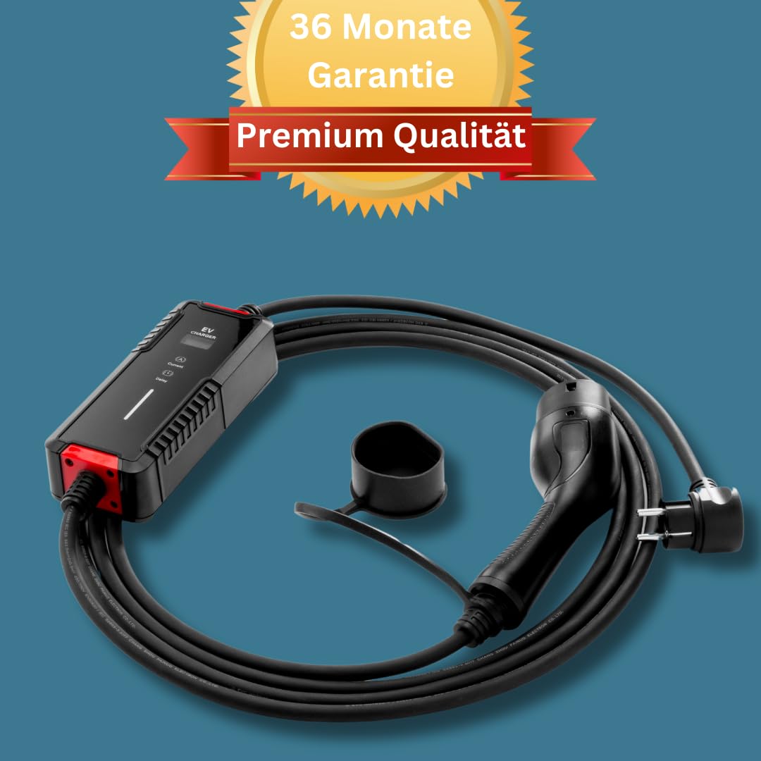 Tragbares Typ 2 Ladekabel 220V | 16A 1-Phasig 3.6kW, 5m| mit Display & Stromstärkenwahl | 5m Ladegerät mit Schutzfunktionen für Elektroautos | IP54 | EV Charging Cable mit Zeitfunktion