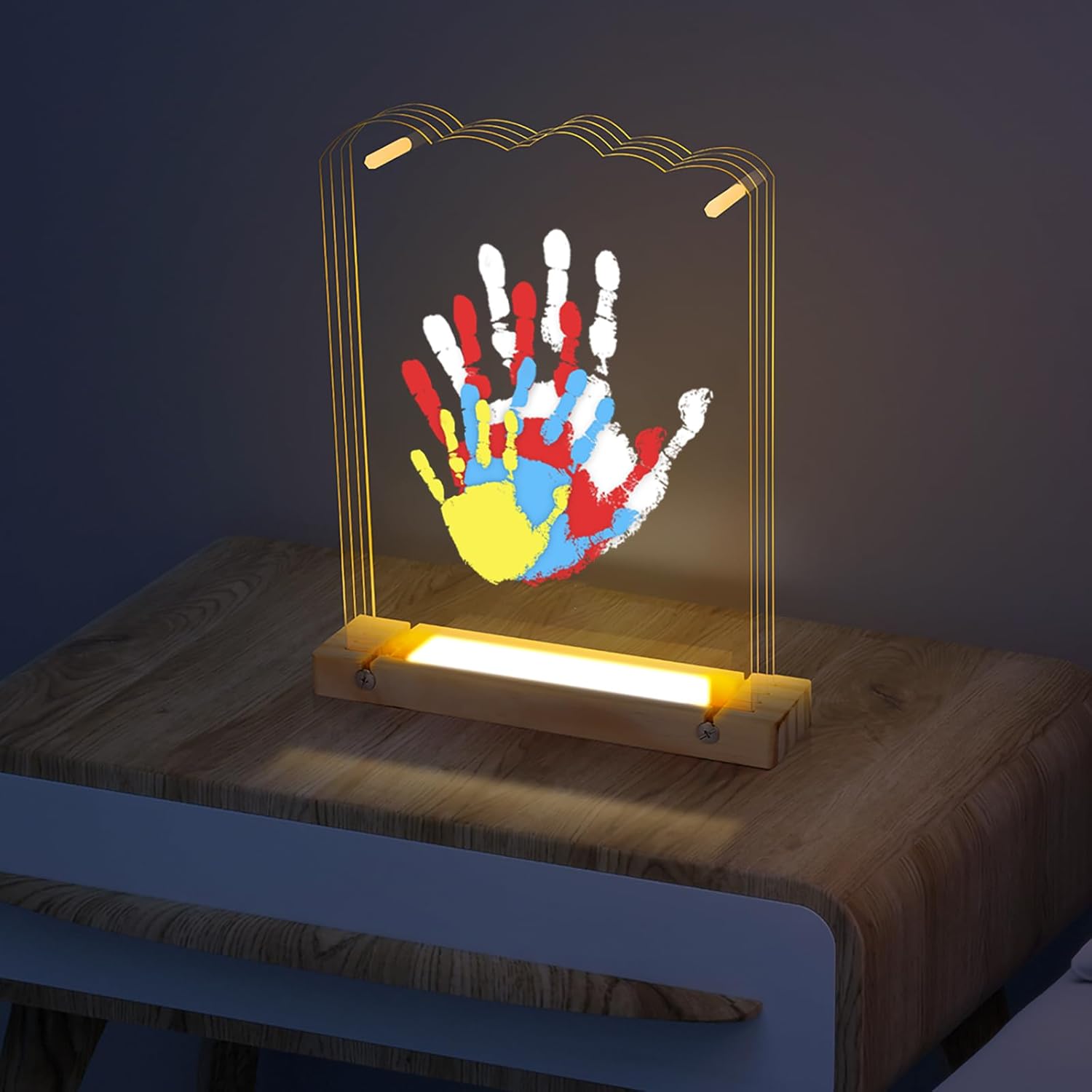 Family Handprint Kit with Light, Baby Hand and Footprint Kit, Family Gifts for New Parents, Christmas, Adoption, Baby Shower New Mom Gifts, Wooden Craft Keepsake (Nature)