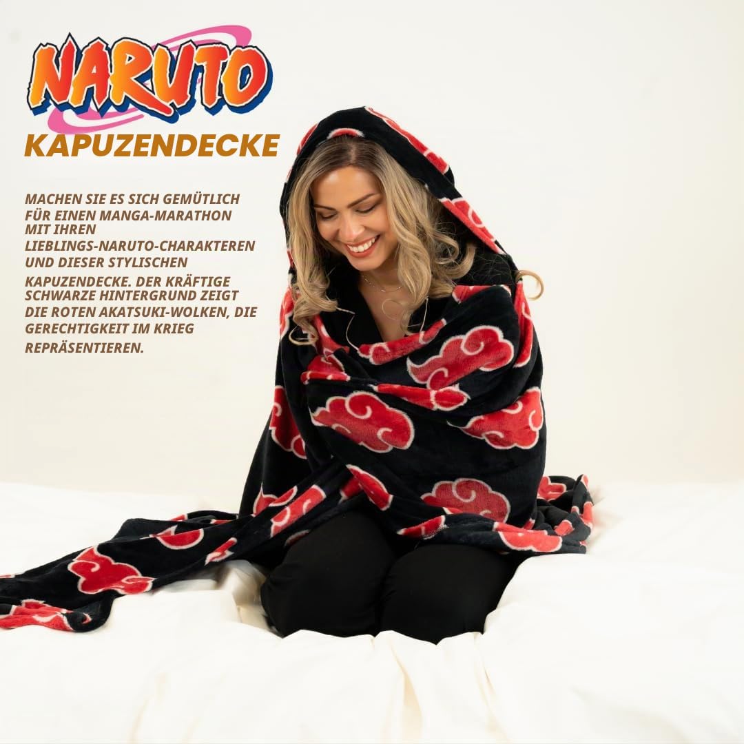 Franco Naruto Anime Akatsuki Wolken-Bettwäsche, superweich und gemütlich, tragbare Überwurfdecke mit Kapuze, 178 x 127 cm (offizielles Lizenzprodukt) Sammlerstücke