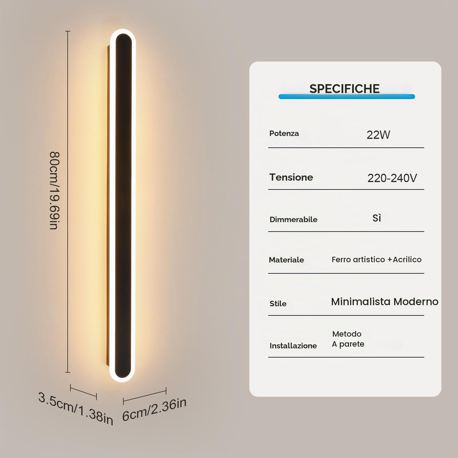 Applique da Parete Interno LED, 22W Lampada da Parete Dimmerabile con Telecomando e Funzione di Memoria, Moderno Lampada a Muro Camera da Letto Illuminazione per Soggiorno Corridoio Scale, Nero, 80CM
