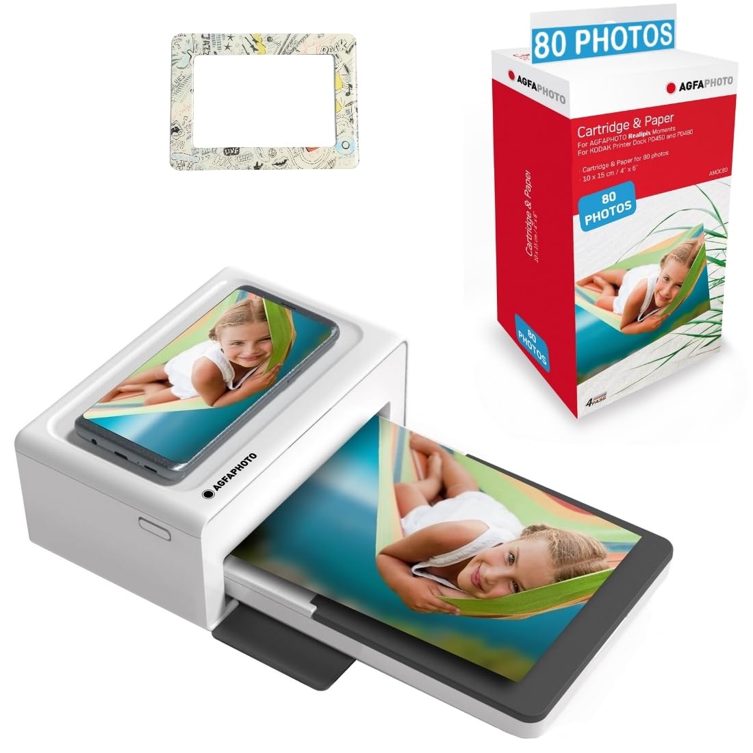 AgfaPhoto Pack Impresora Realipix Moments + 80 Cartuchos Fotográficos y Papel + Bonito Marco Magnético - Bluetooth Photo Print 10x15 cm, iOS y Android, 4Pass Sublimación Térmica - Blanco