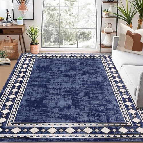 GlowSol Bordered Rug 9x12 Living Room Rug Machine Washable Rugs for Bedroom Low-Pile Large Rug Modern Solid Rug Minimalist Border Stain Resistant Soft Floor Carpet for Farmhouse Kids Playroom,Blue by GlowSol - Used condition - US$70.73